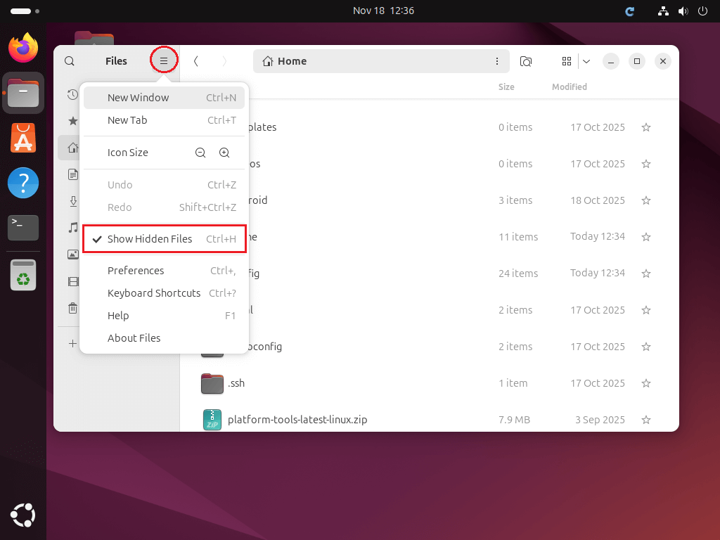ubuntu24.04 默认文件管理器Nautilus显示隐藏文件